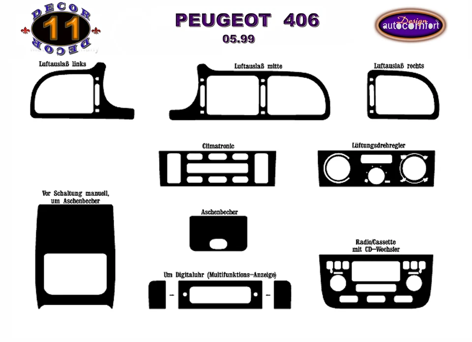 Juego de cubiertas de tablero interior para Peugeot 406 SD 99-2005 11 PIEZAS aspecto nogal Foto 2 de 4