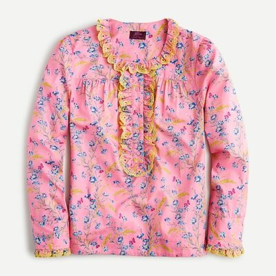 J Crew AJ408 NWT Small Summery Pink Ruffle Blouse Liberty Wheat Bouquet Print 