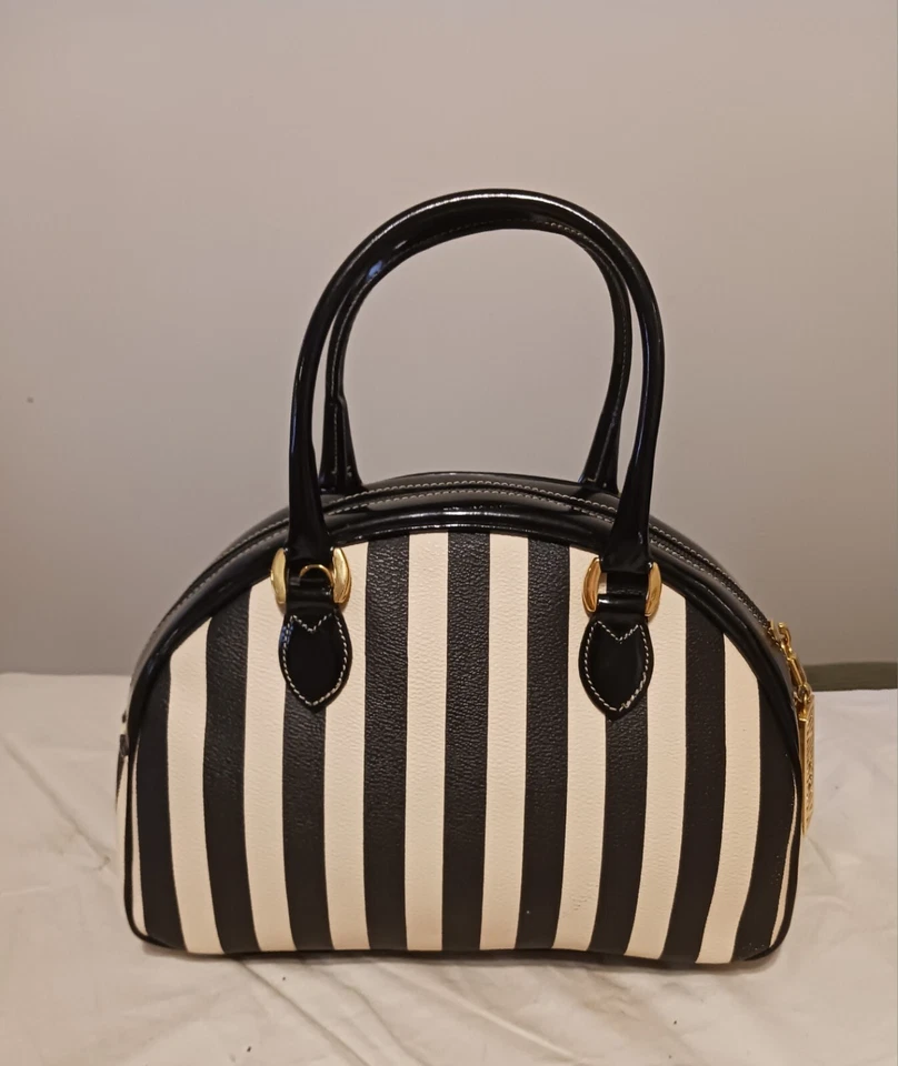 Vtg 90s RARE Moschino By Redwall Striped Bowling Bag Satchel Black Cream White - Image 3 of 4