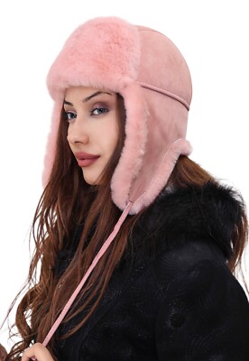 Aviator Trapper Ushanka Leather Shearling Sheepskin Fur Hat Pink