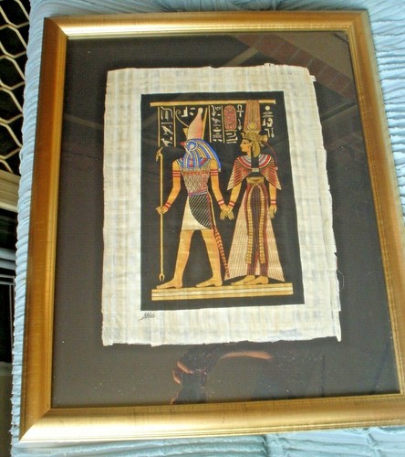 VIBRANT EGYPTIAN OIL PAINTING ON PAPYRUS 66X54X3 CM GLASS FRAMED ORIGINAL - Picture 7 of 8