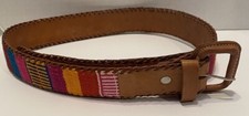 Vtg Genuine Leather Guatemala Serape Belt Womens 28 Western Colorful Handwoven