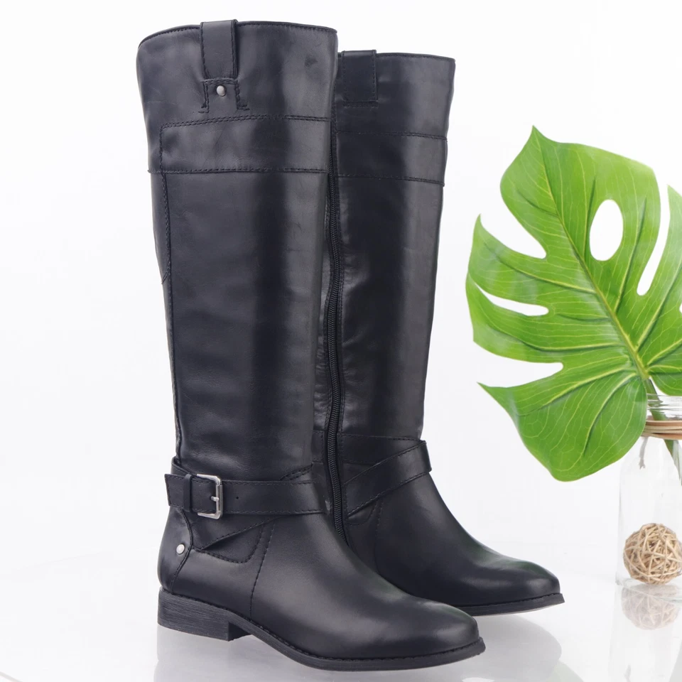 Bota Artística Marc Fisher Para Mujer Talla 6.5 Alta Montar Cuero Negro Tacón Bajo Bloque Foto 2 de 4