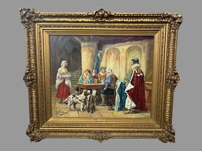 Antique Gilt Framed Oil Painting Canvas Interior Scene After the Dual G. Baldero