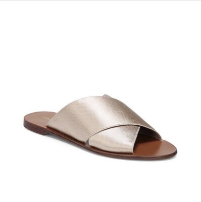 diane von furstenberg Metallic Beige Crisscross Gladiator Style Flat Slides S:9