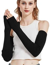  Wool Blend Warm Arm Warmers Super Soft Long Fingerless Gloves for Women Black