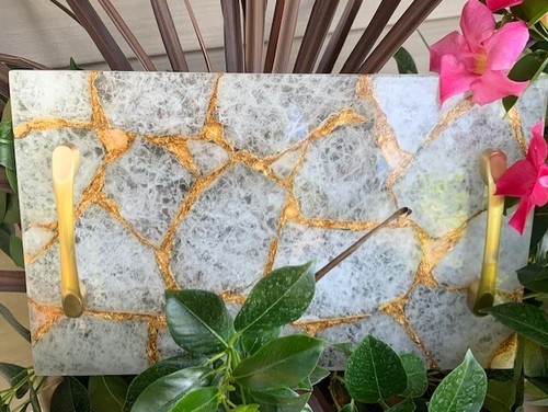 White Agate Stone Serving Tray with Brass Handles, Charcuterie Board, Solid - Picture 7 of 7