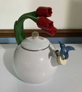 90s Ancona Hummingbird & Tulips White Enamelware Kettle Teapot. Beautiful!