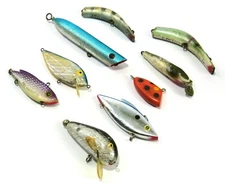 Various Fishing Lure Bodies, No Hooks, Mixed Lot of 9, Lazy Ike, Arbogast, etc.