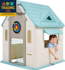 Outdoor Playhouse, 5-In-1 Cottage Play House with Pretend Play, Basketball, Dart