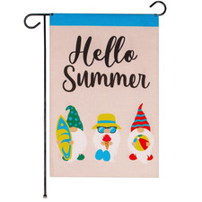 Garden Flag Hello Summer Three Beach Ready Gnomes 12x18 inch Burlap Fabric