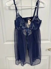 Victoria’s Secret Navy Blue Sheer Negligee Teddy Baby Doll Lace 36C NWT