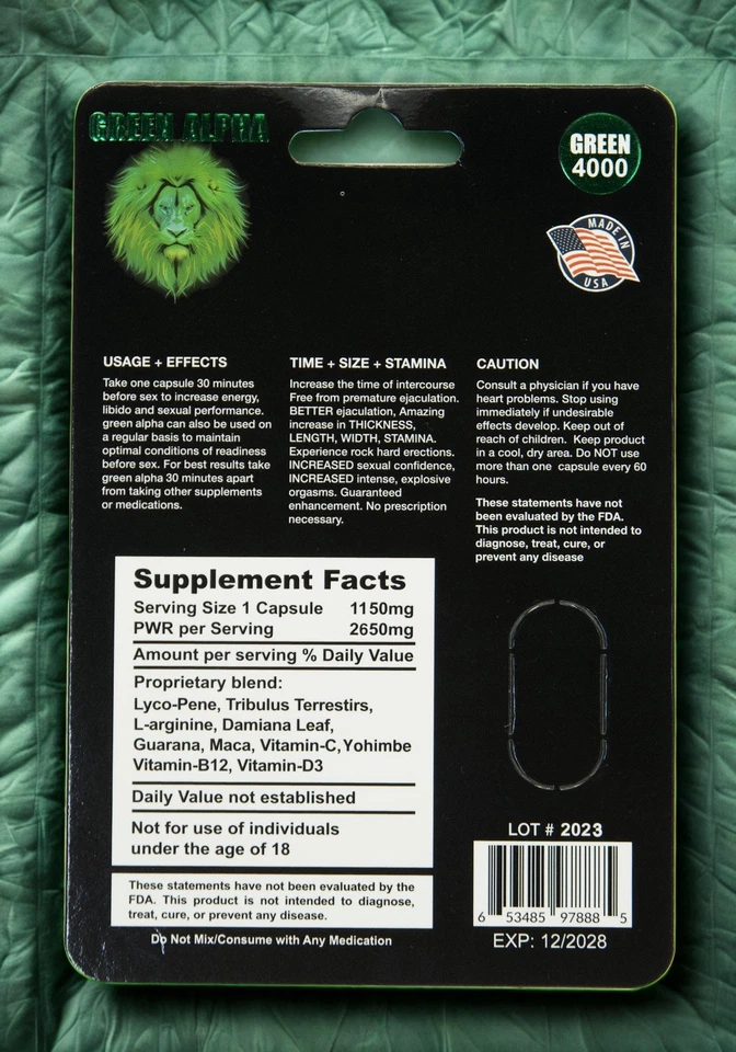 Suplemento de vitalidad y excitación Green Alpha 4000 para hombre, (75) paquete + muestras gratis Foto 2 de 4