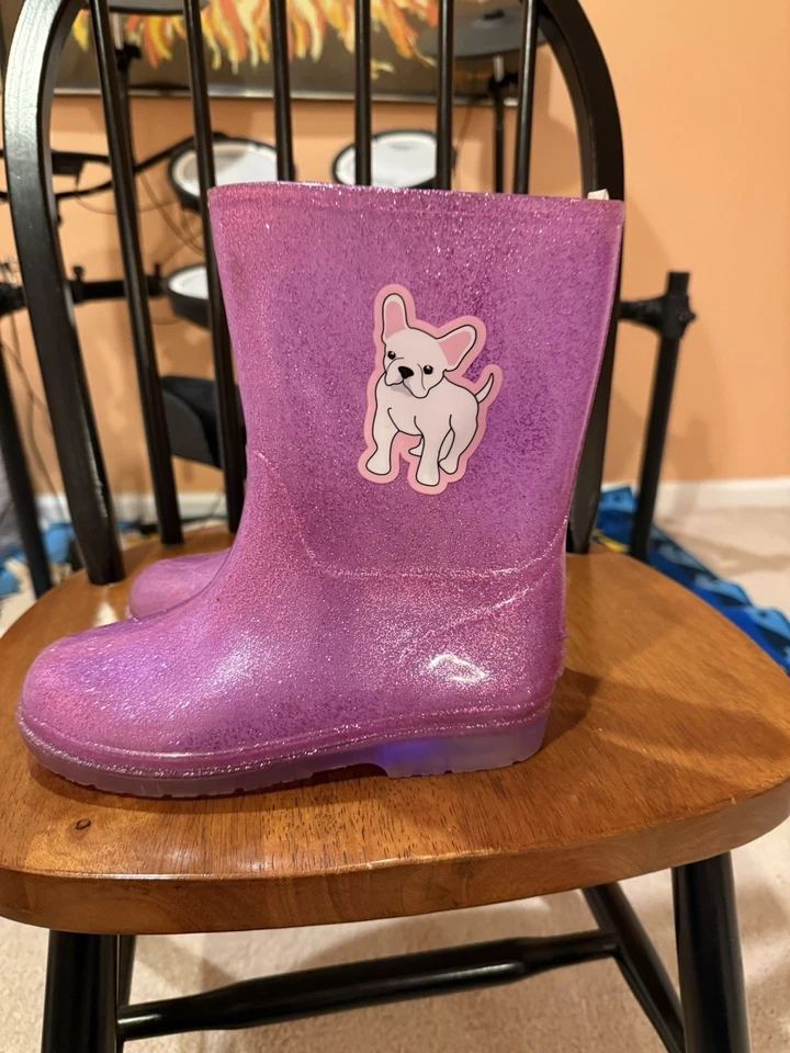 Kids Girls Rubber Boots Sparkling Shimmering Light UP Dog Gardening Shoes S 4/5 - Image 3 of 4