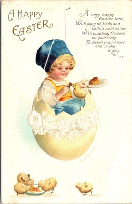 Easter Postcard Little Girl in Egg Swing Feeding Chic's Clapsaddle Tufts MA 1916