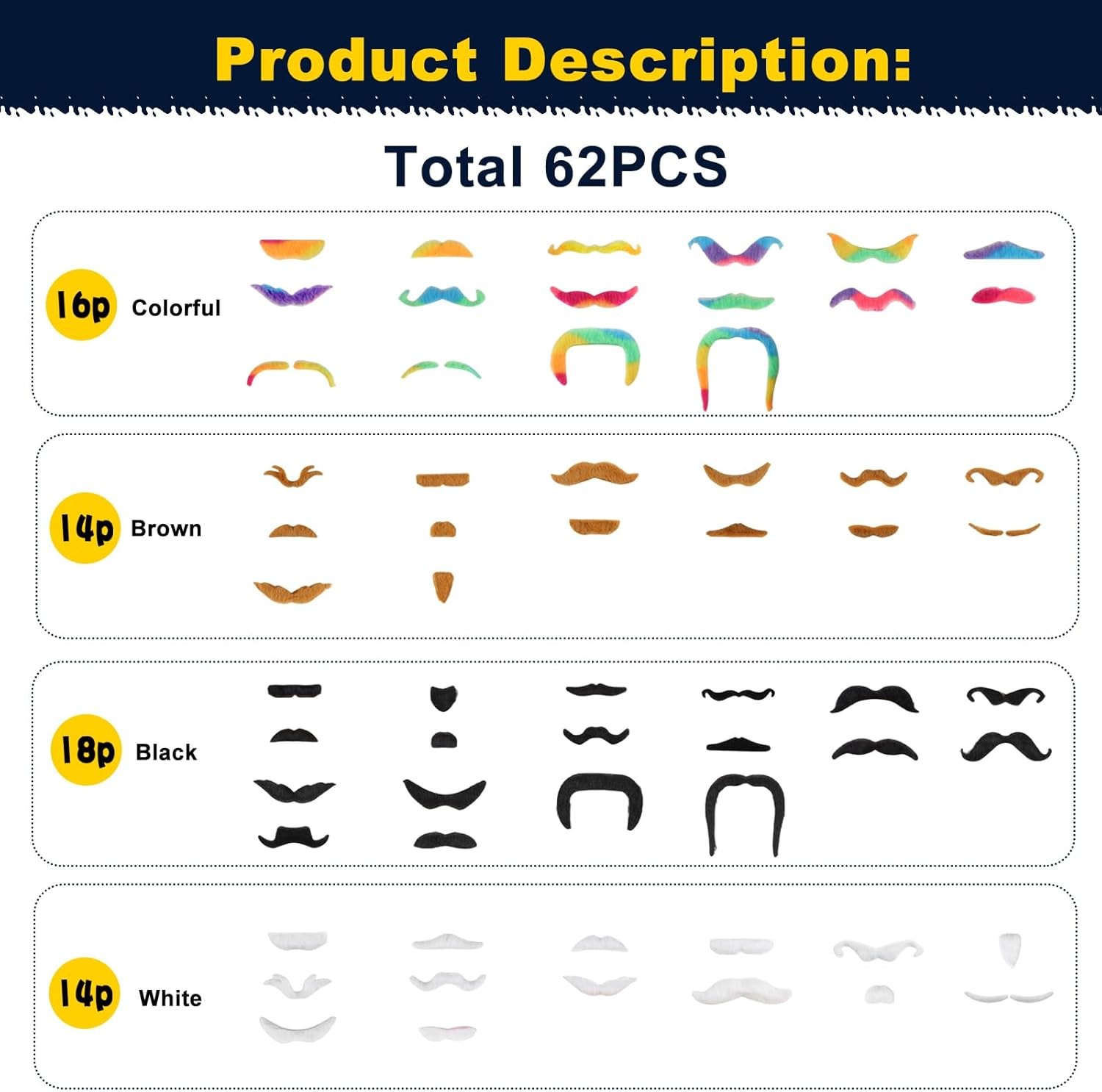 vivinin 62PCS Fake Mustache, 18 Designs Self-Adhesive Mustaches,... 