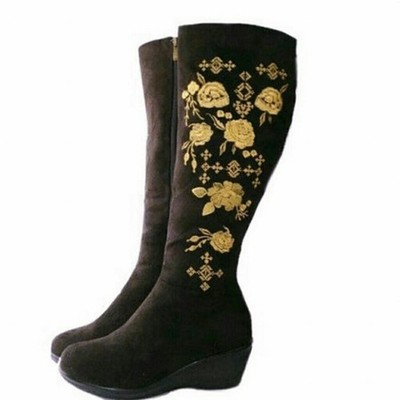 NIB Brown Womens Sahalie Embroidered Stretch Suede Wedge Boots Size 8 M