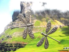 #1722 LARGE ANTIQUED .925 STERLING SILVER PLATED DRAGONFLY COMPONENT - 2 Pcs