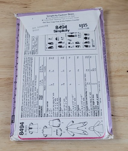Simplicity Pattern BABIES' LAYETTE #8494 Size: Newborn UNCUT - Picture 2 of 2