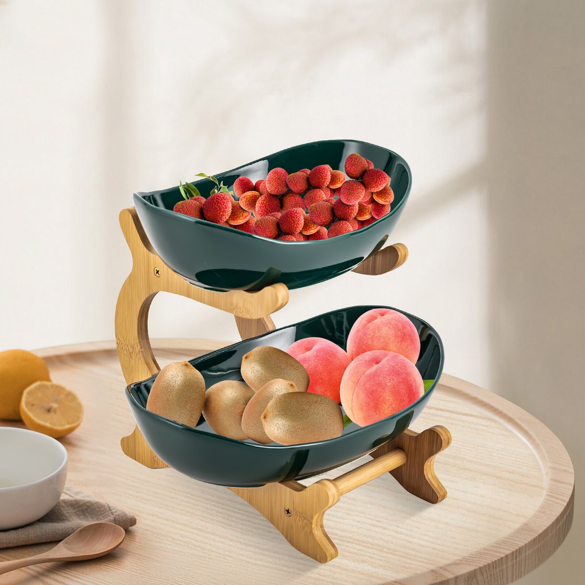 2-Tier Countertop Fruit Basket Holder Ceramic Decorative Bowl