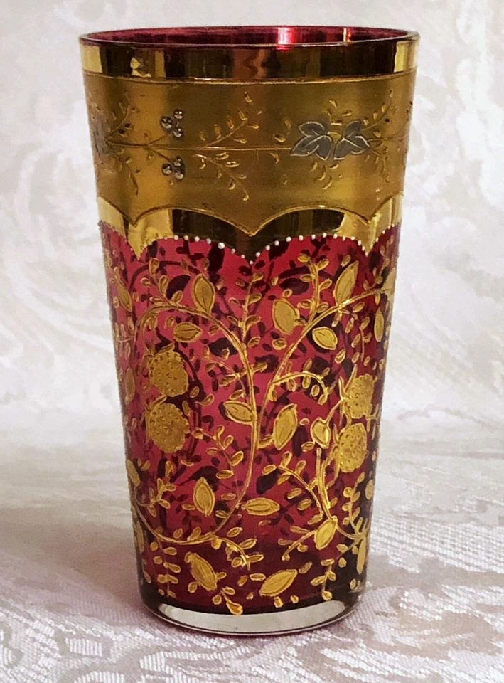ANTIQUE MOSER RUBY GLASS GOLD AND PLATINUM BOHEMIAN BEAKER TUMBLER - Image 2 of 4