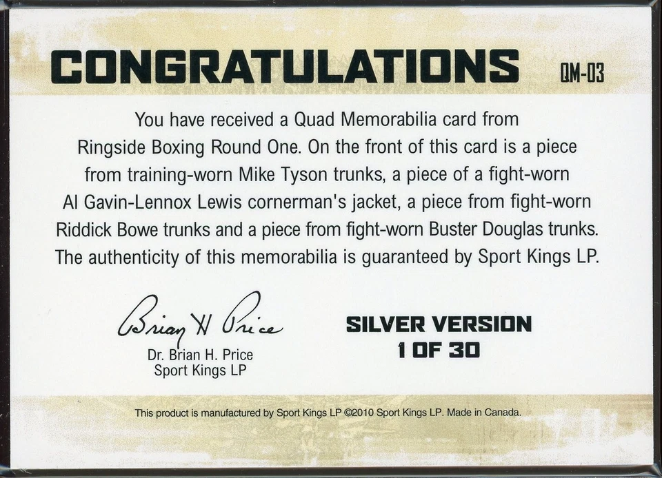 Mike Tyson Lewis Bowe Douglas 2010 Ringside Boxing Quad Memorabilia /30 QM-03 - Image 2 of 2
