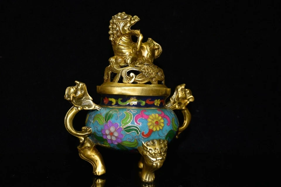 Queimador de incenso de cobre chinês cloisonne 7,6 pol. incensário animal panela de latão antiga - Imagem 4 de 4