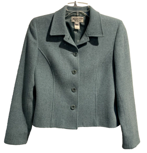 Pendleton Seafoam Green Herringbone 5 Button Wool Blazer Jacket Petite Size 4 - Picture 1 of 11