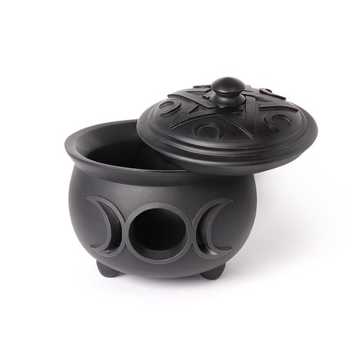 Alchemy Gothic Triple Moon Cauldron Lidded Pot Moon Pentagram Magick Wicca Pagan - Picture 3 of 5