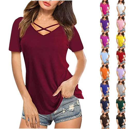 Women Summer Tops V Neck Criss Cross Short Sleeve Basic Plain Tee T-Shirt Blouse - Picture 2 of 75