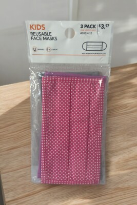 KIDS Reusable Face Masks 3 Pack  (Pink Purple Gray) (ages 4-12) 100% cotton