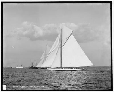 Shamrock II crossing finish line two seconds ahead of Columbia c1900 OLD PHOTO