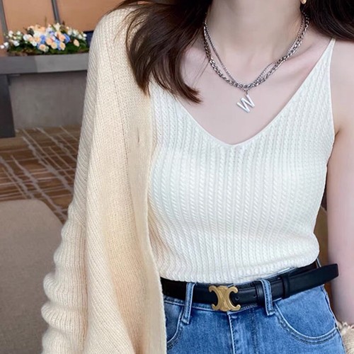 Women's Sexy Solid Color V-neck Spaghetti Straps Sleeveless Slim Twist Knit Vest - Picture 5 of 13