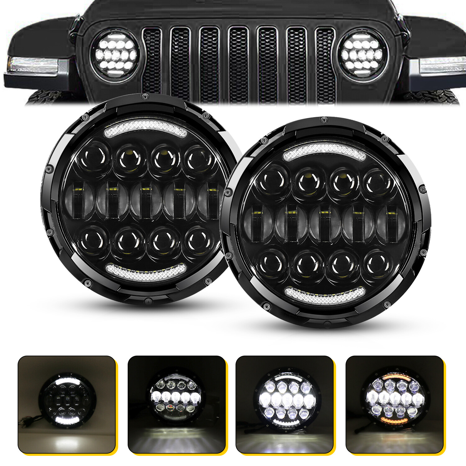 Pair 7'' Inch Round LED Headlights Hi/Lo Sealed Beam DRL Headlamps For