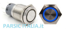 PULSANTE ( MOMENTANEO) D=19mm ACCIAIO INOX, LED BLU RING 220V CONTATTI 1NO+1NC