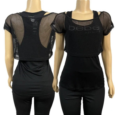 bebe sport Mesh Layer Crop Top Over A Tank Top Two In One Tee Black Medium