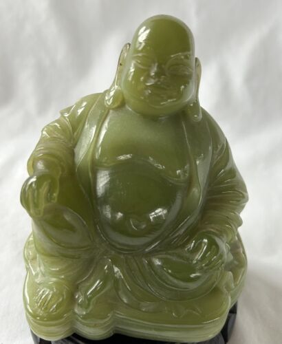 Vintage Jadeit Zielony siedzący śmiejący się Budda 4,5" Żywica Figurka Posąg Przycisk do papieru - Zdjęcie 1 z 6