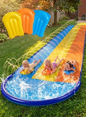 22.5FT Triple Water Slide with 3 Body Boards - Lawn Slip Splash Pad for Kids & A