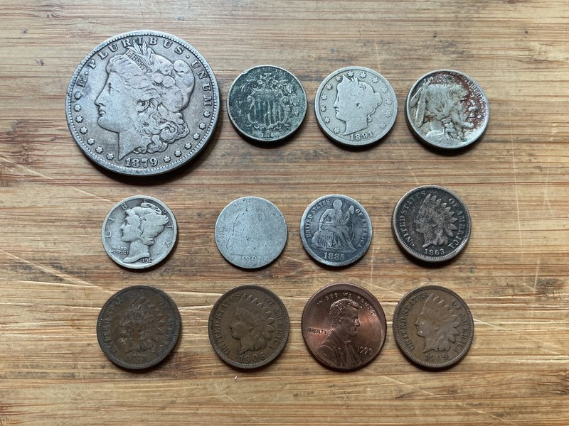 Old Obsolete US Coin Collection of 12 coins including a 1879 Morgan dollar.