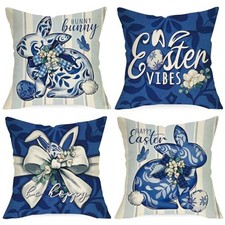 Happy Easter Vibes Chinoiserie Decorative Throw Pillow Covers Easter Blue Bunny