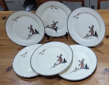 6 MIDWINTER BURSLEM ART DECO WIND MILL DINNER PLATES, 26cms. CIRCA 1940's.