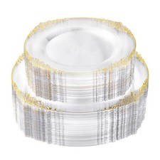 100 PCS Clear and Gold Plastic Plates for 50 Guests, Clear Disposable Plates ...