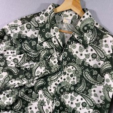 Vintage 70's JC Penney Disco Shirt Mens Large Paisley Green Dagger Collar Hippie