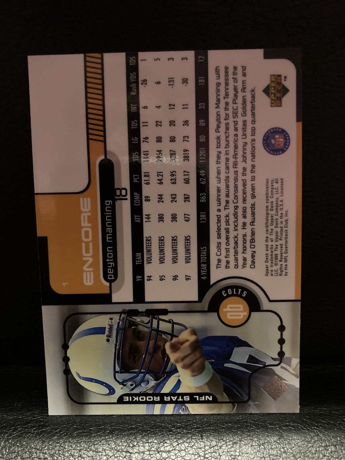 1998 Upper Deck Encore - NFL Star Rookie Peyton Manning #1 (RC)