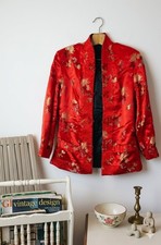 Vintage Chinese Red Silk Brocade Jacket Floral Tangzhuang Mandarin Collar...