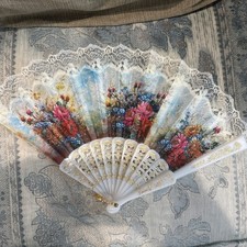 3 Spanish Style Fans Folding Black Plastic Fabric Floral Lace Trim