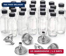 24 Pack, 2 oz Small Clear Glass Bottles w/ Lid  6 Stainless Steel Funnels - 60m