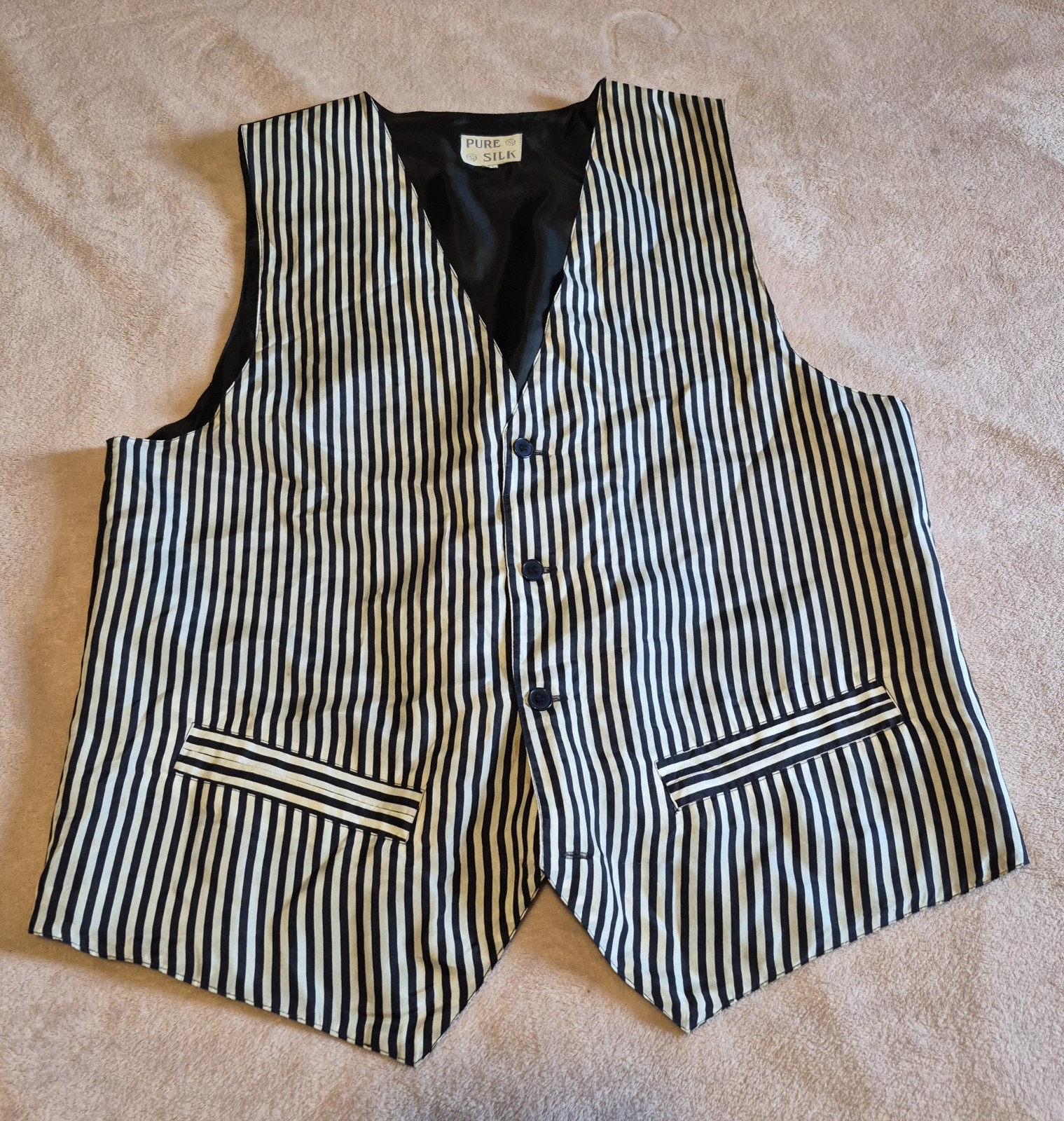 Mens Pure Silk Striped Waistcoat Black White Button Vest Smart Formal Medium