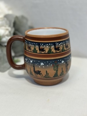 Peruvian Pottery Hand Painted Colorful Terracotta Mug Llamas Night Sky Peru 4.25
