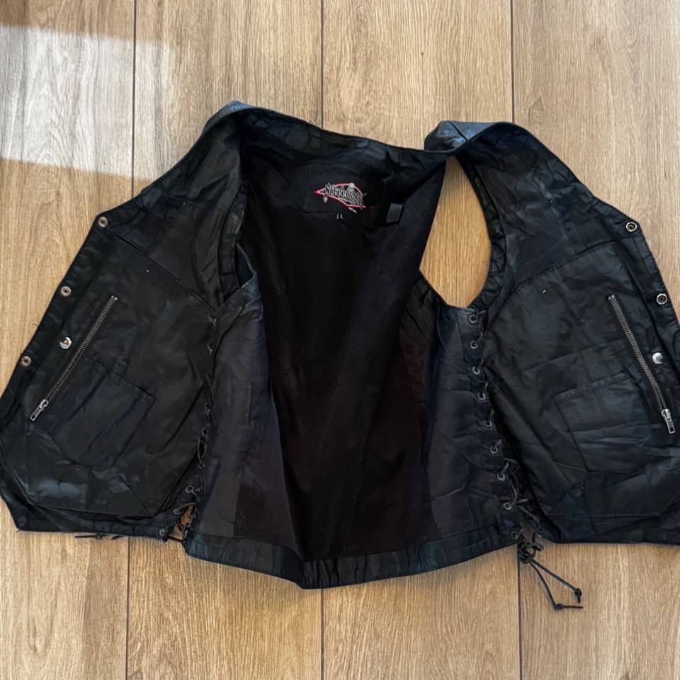 Leather USA Mens Black Biker Vest XL Genuine Leather Side Lace Snap ...